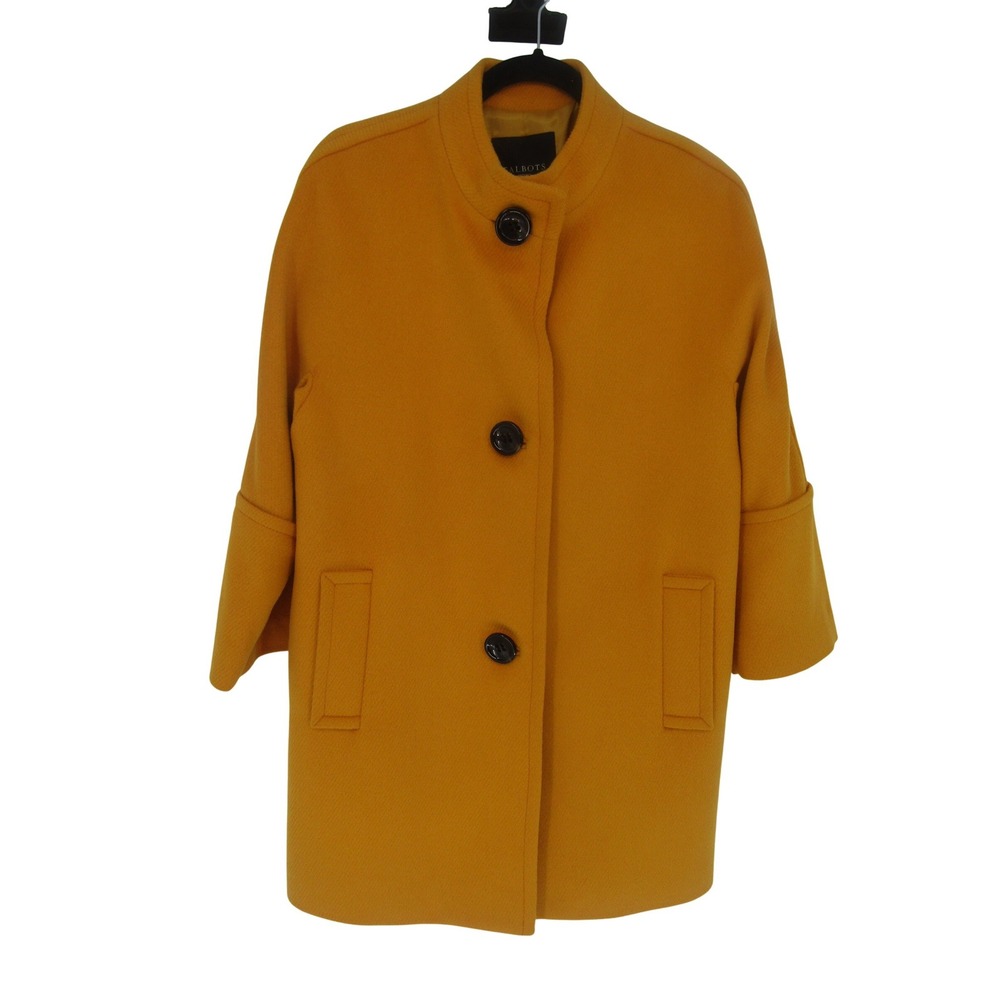 Talbots Wool Blend Car Coat Womens‎ 12P Mustard Yellow Mock Neck Button Front